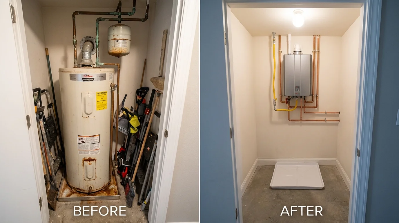 Tank water heater versus wall-mounted tankless unit comparison for Fortuna, CA homeowners