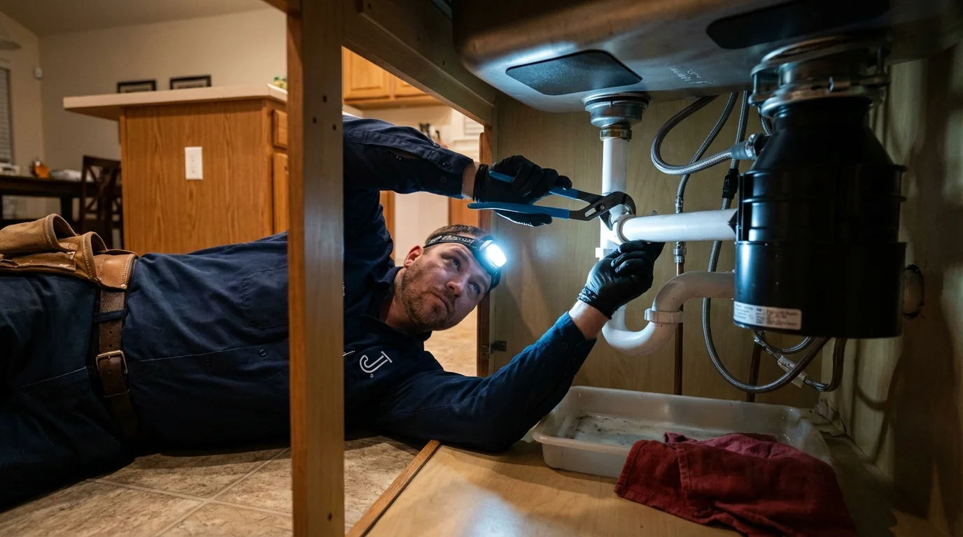 P-trap and supply line connections under a kitchen sink showing a common leak point in Fortuna, CA